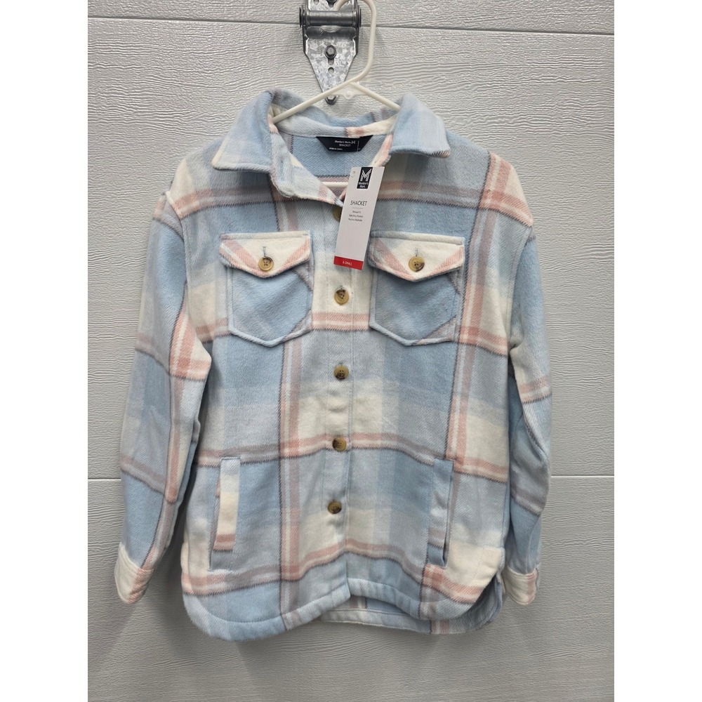 Members Mark Womens Plaid Fleece Shacket Light Blue Pink Cream Button Front XS
